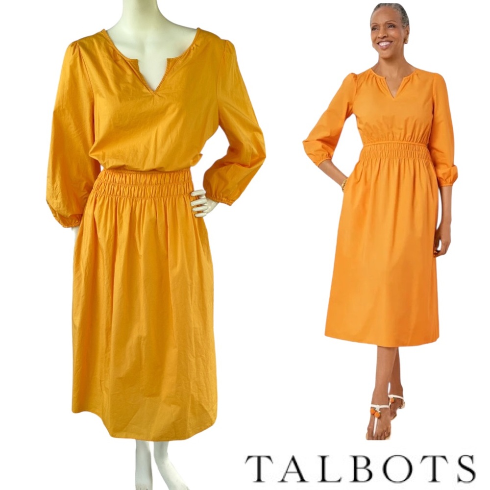 TALBOTS Smocked Poplin Yellow A-Line Midi Dress Split Neckline 3/4 Sleeve Sz 10 - Picture 5 of 16